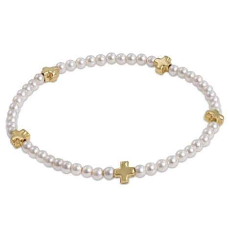 Signature Cross Small Gold Pattern 2mm Bead Bracelet, off white