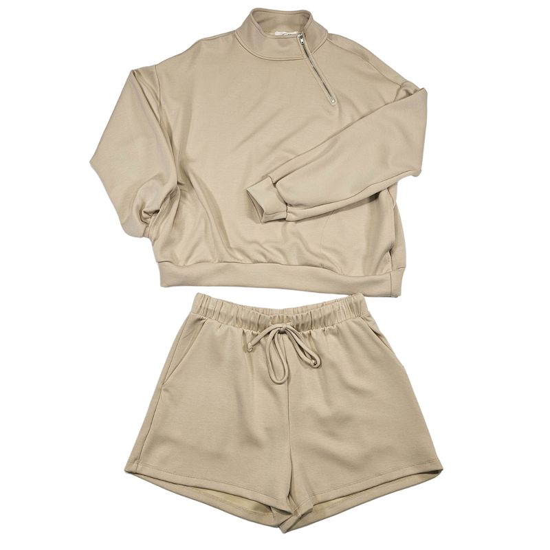 Half Zip Pullover and Drawstring Shorts - Oatmeal