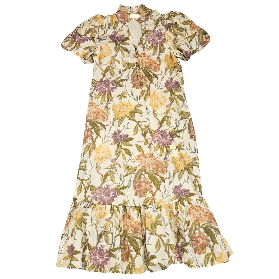 Floral Print Ruffle Neck Puff Sleeve Dress