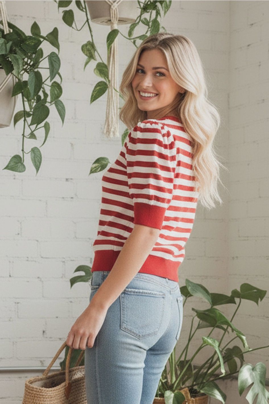 Striped Puff Sleeve Knit Sweater Top