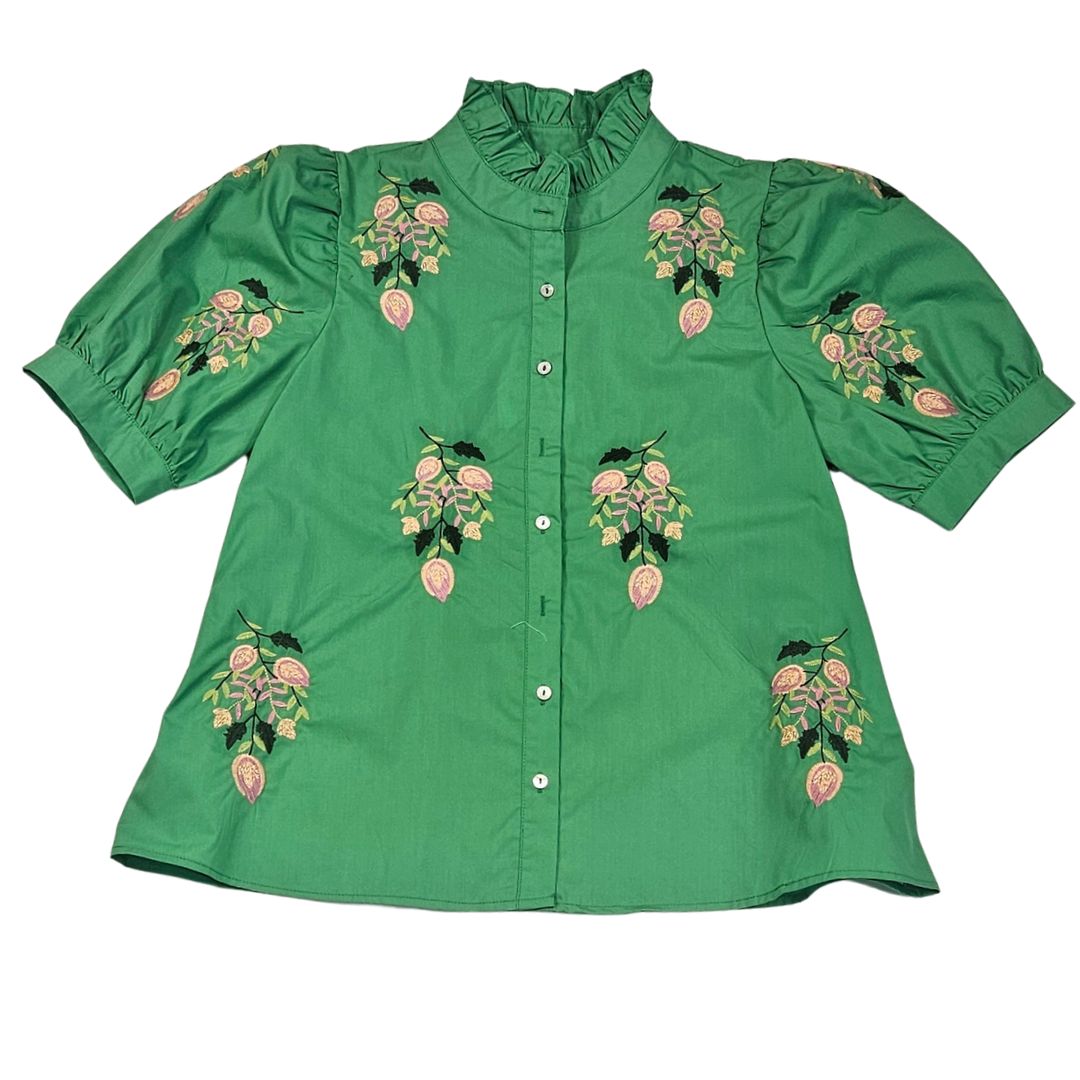 Ruffle Neck Puff Sleeve Top, floral brocade