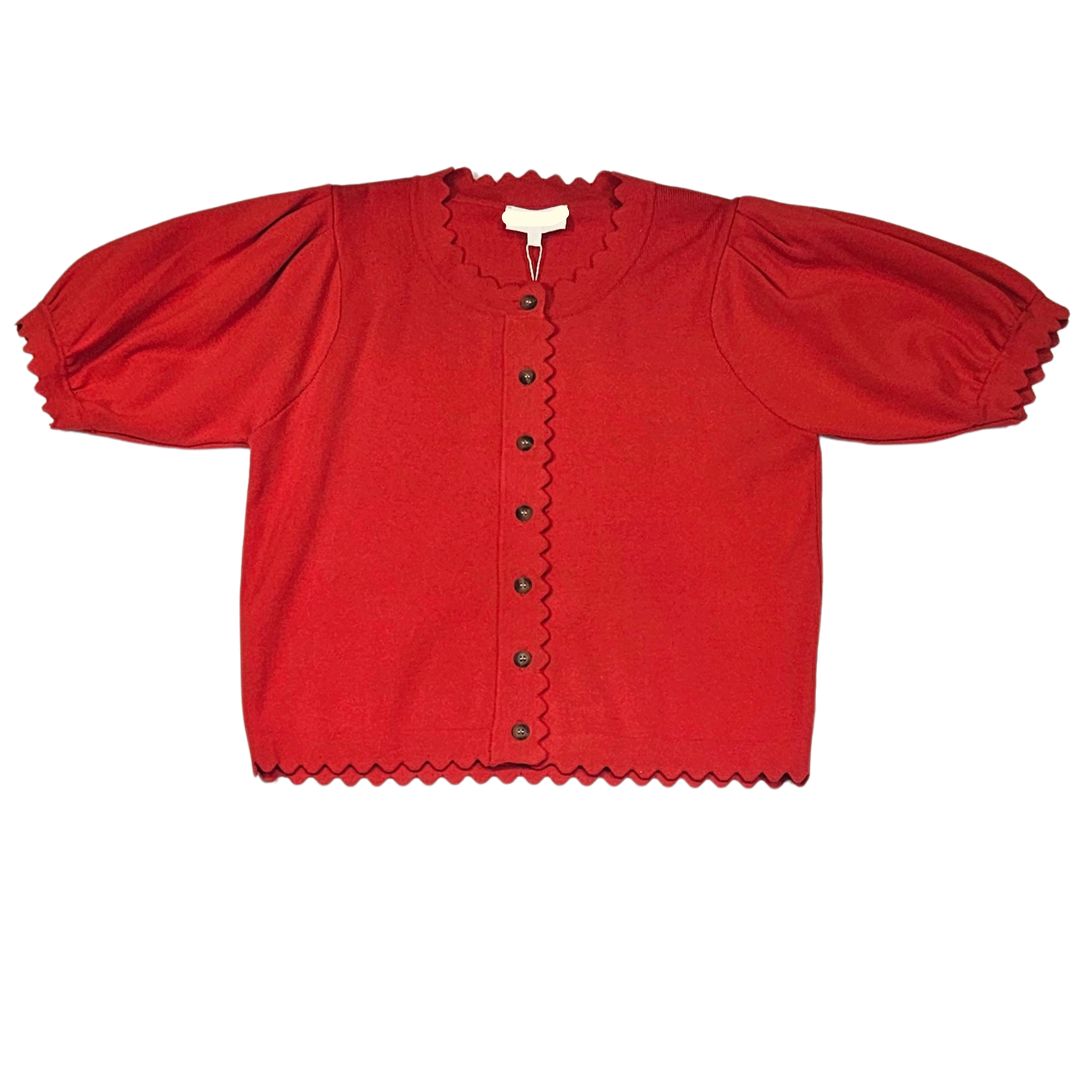 S/S Button Front Knit Blouse, scallop detail, Color: Red, Size: Small