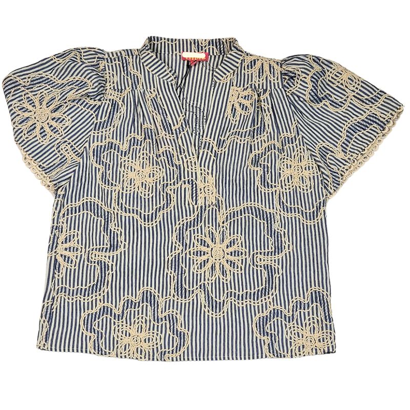 Short Sleeve Stripe Embroidery Detail Top