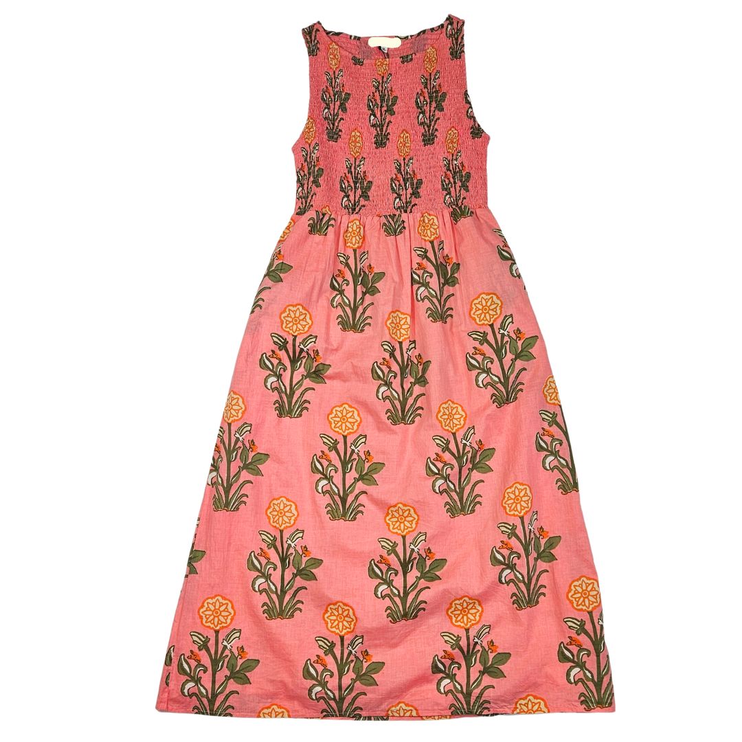 Sleeveless Smocked Patterned Midi Dress