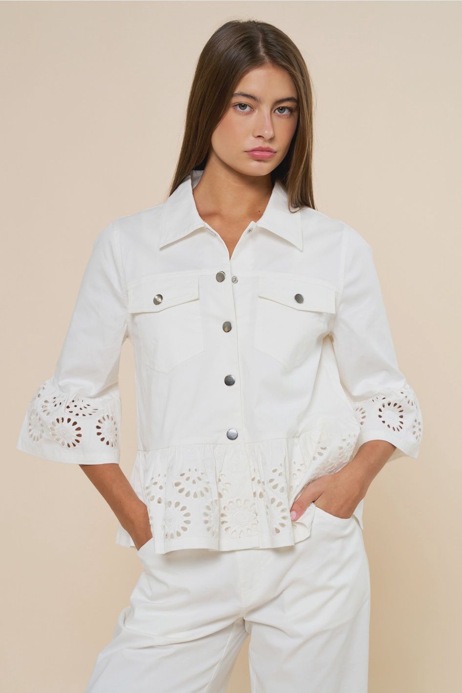 Off White Floral Embroidery Hem Peplum Top