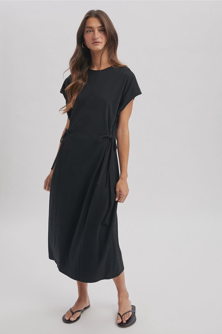 Black Cotton Side Ties Knit Midi Dress