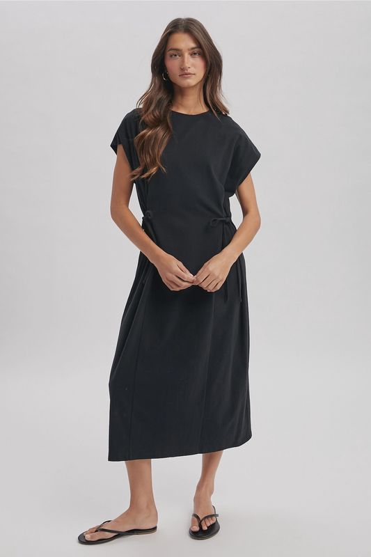 Black Cotton Side Ties Knit Midi Dress