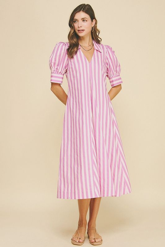 Pink/Lavender Striped V-Neck Midi Dress
