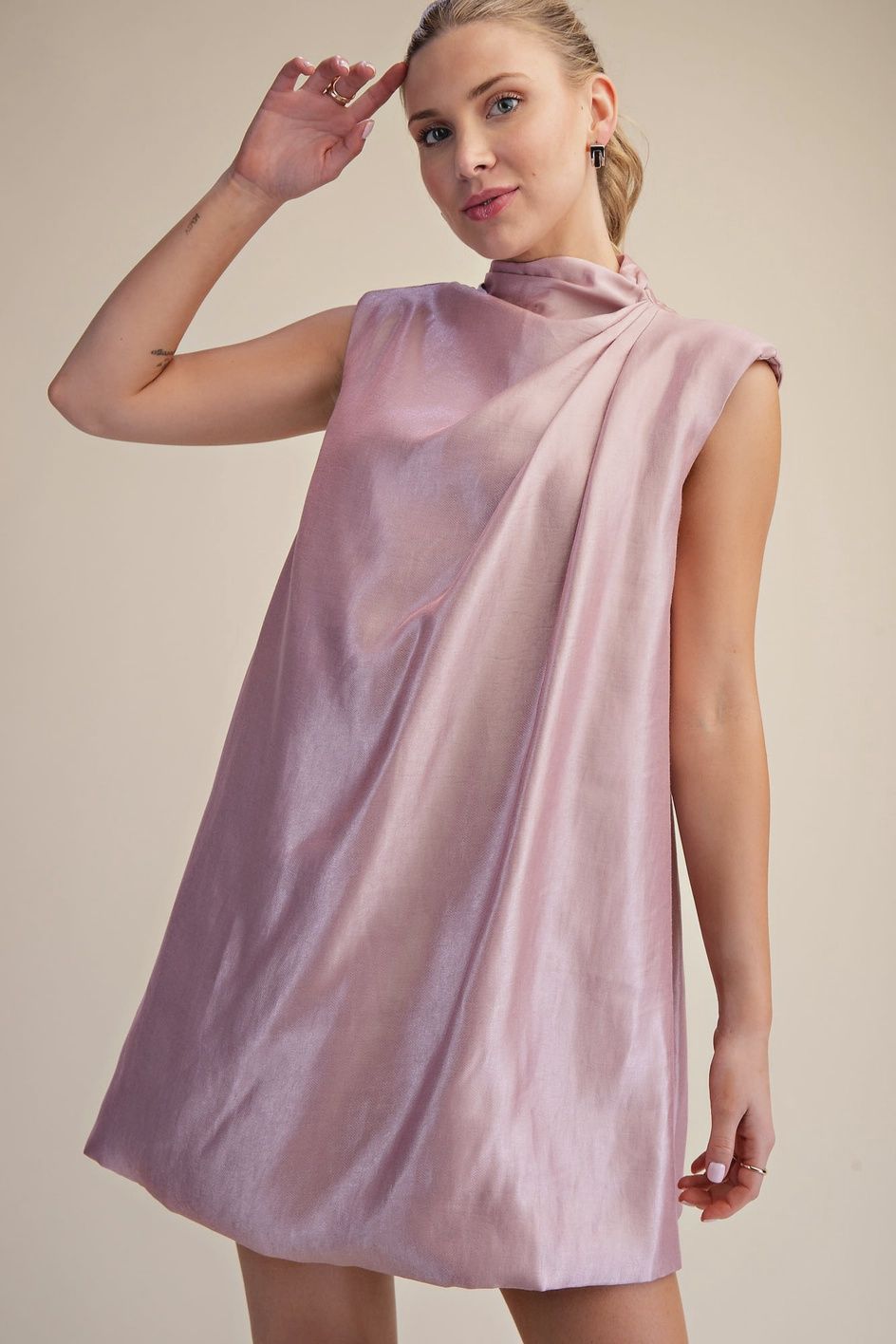 Sleeveless SP Gathered Detail Mini Dress, Color: Dusty Pink, Size: Small