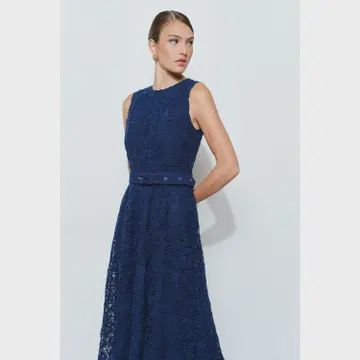 Floral Lace Belted Sleeveless Midi Dress
