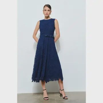 Floral Lace Belted Sleeveless Midi Dress