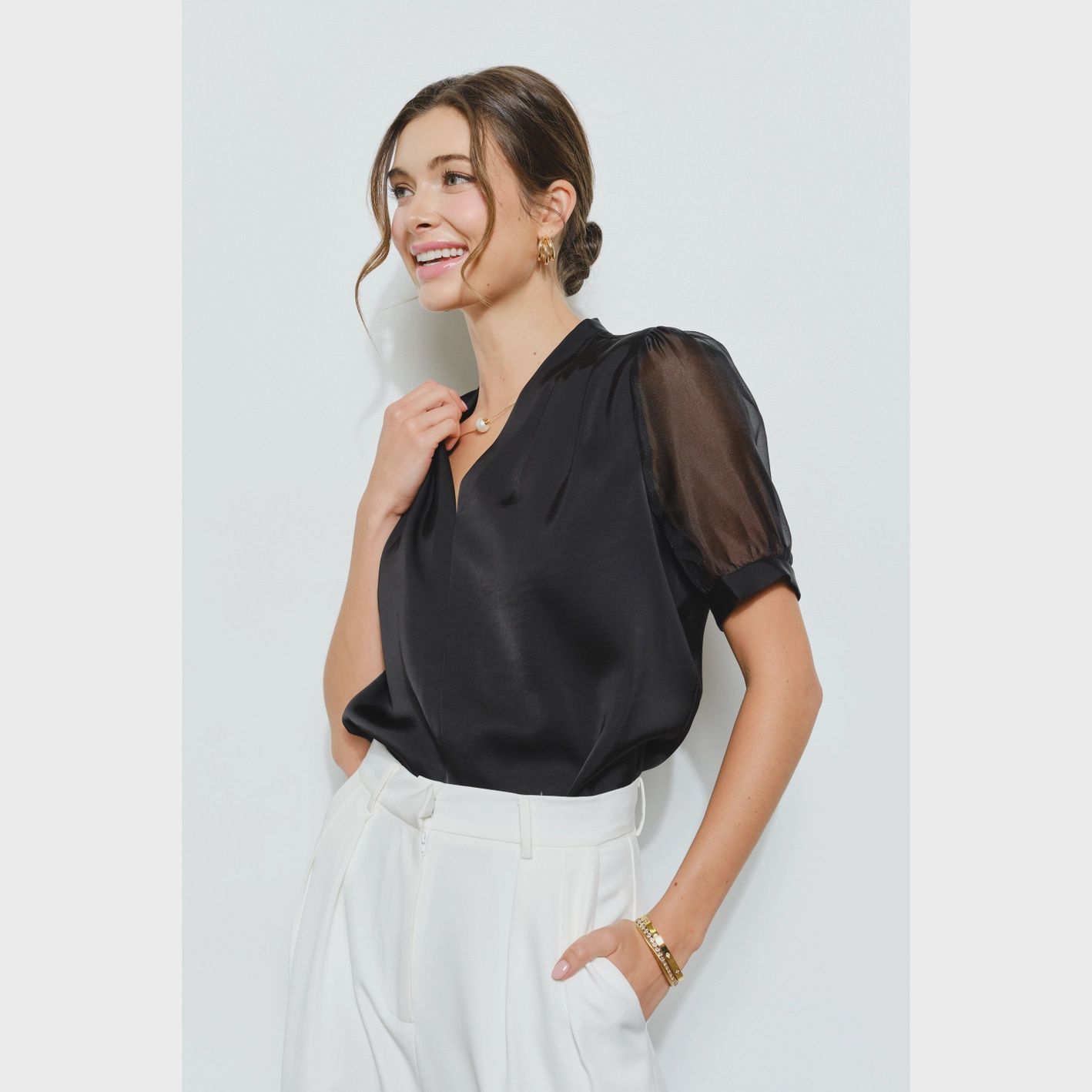 Sheer Puff Sleeve Satin V-Neck Blouse