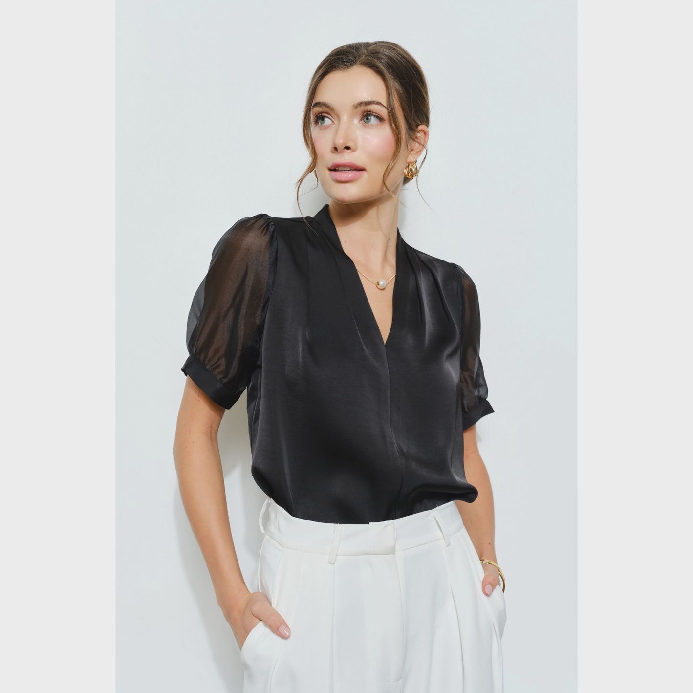 Sheer Puff Sleeve Satin V-Neck Blouse Sheer Puff Sleeve Satin V-Neck Blouse, Color: Black, Size: Small