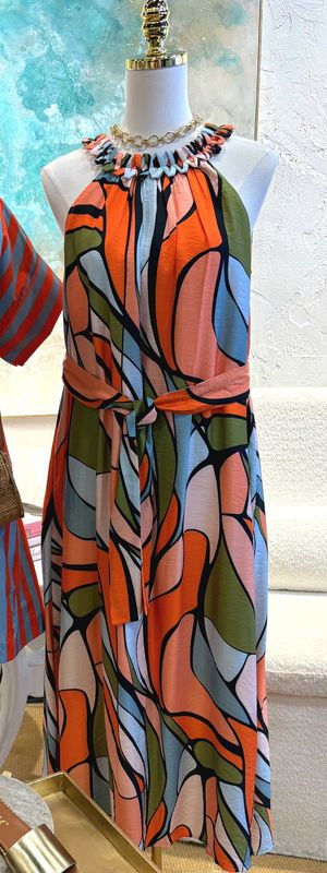 Retro Stained Glass Stitched Neck Halter Dress