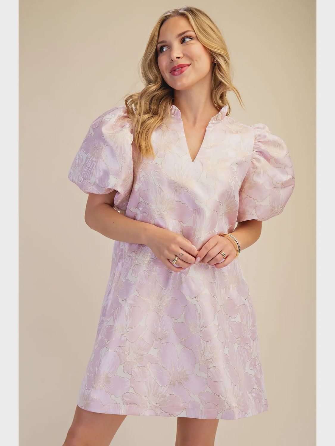 Ruffle V-Neck Puff Sleeve Mini Dress Spring