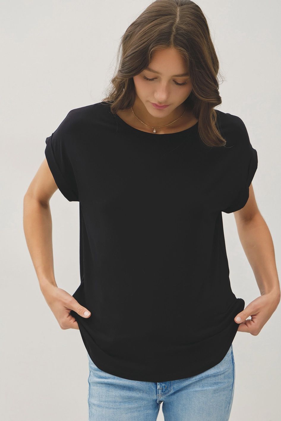 Cap Sleeve Tee, round neck, Color: Black, Size: Small