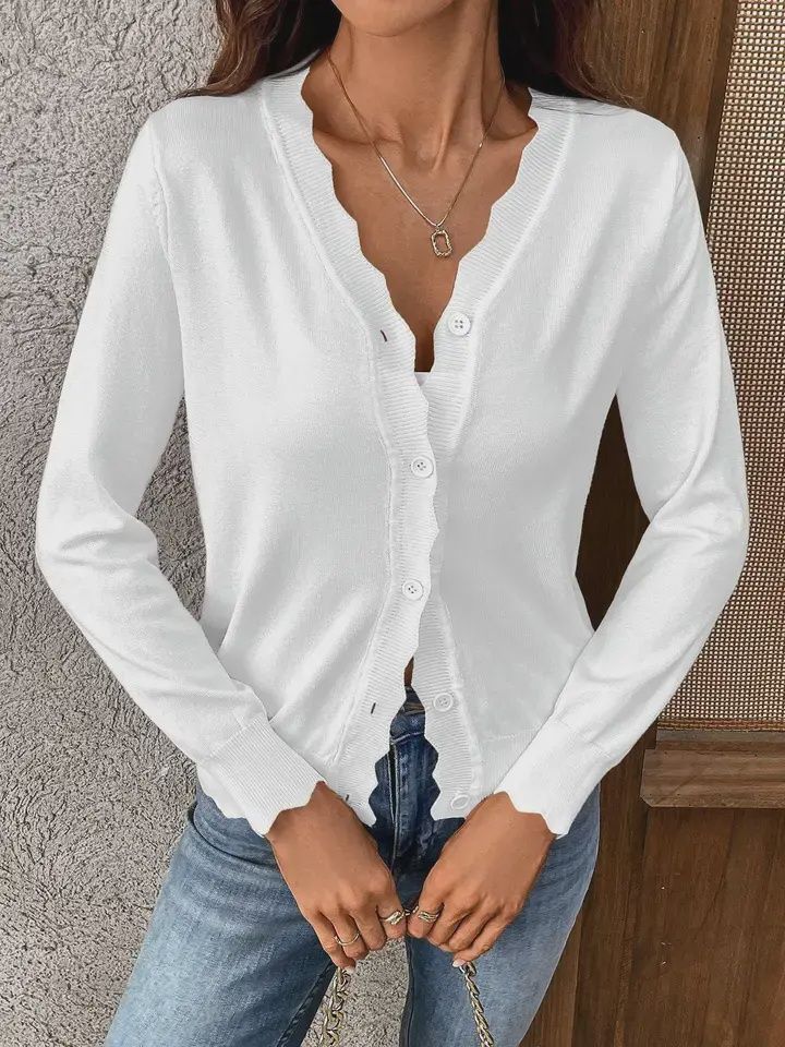Scalloped Edge V-Neck Cardigan, Color: White, Size: Small