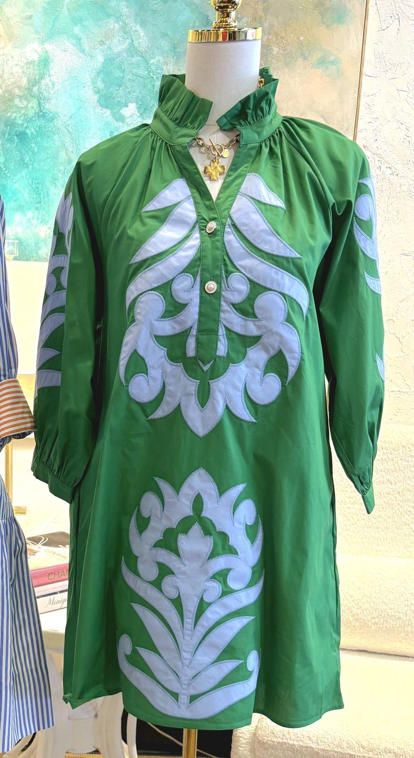 Ruffle Neck Scroll Appliqué Design Mini Dress