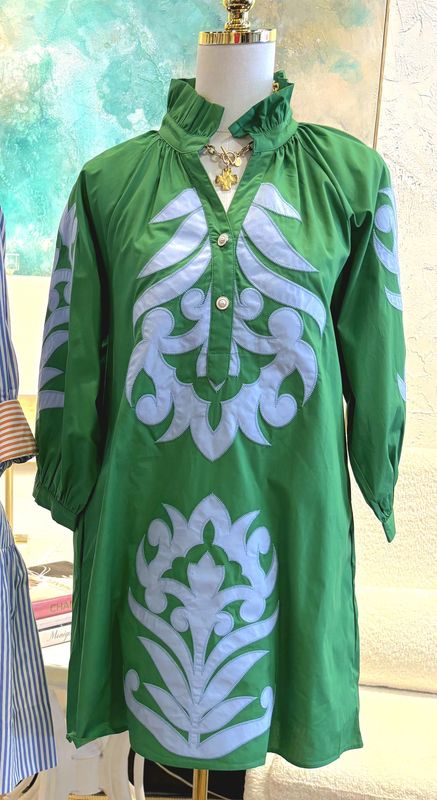 Ruffle Neck Scroll Appliqué Design Mini Dress