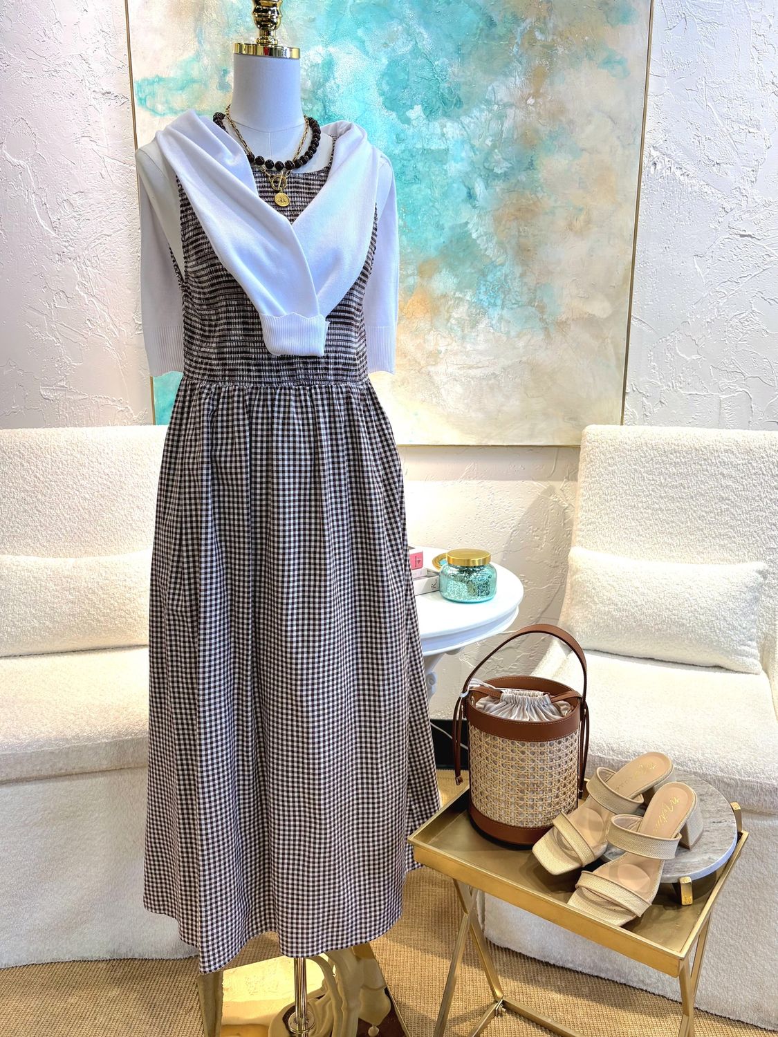 Sleeveless Smocked Gingham Print Dress