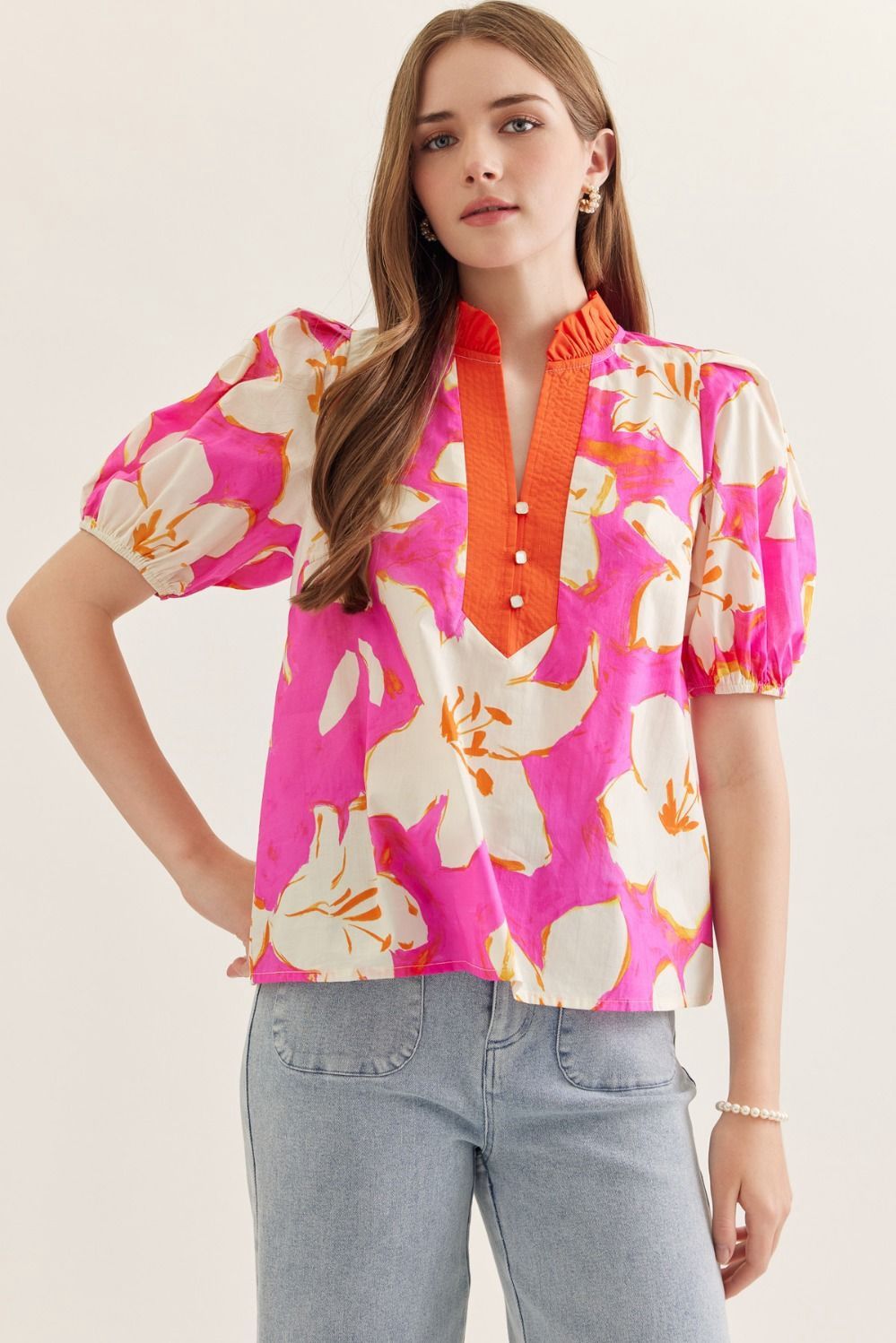 Ruffle Neck Abstract S/S Top
