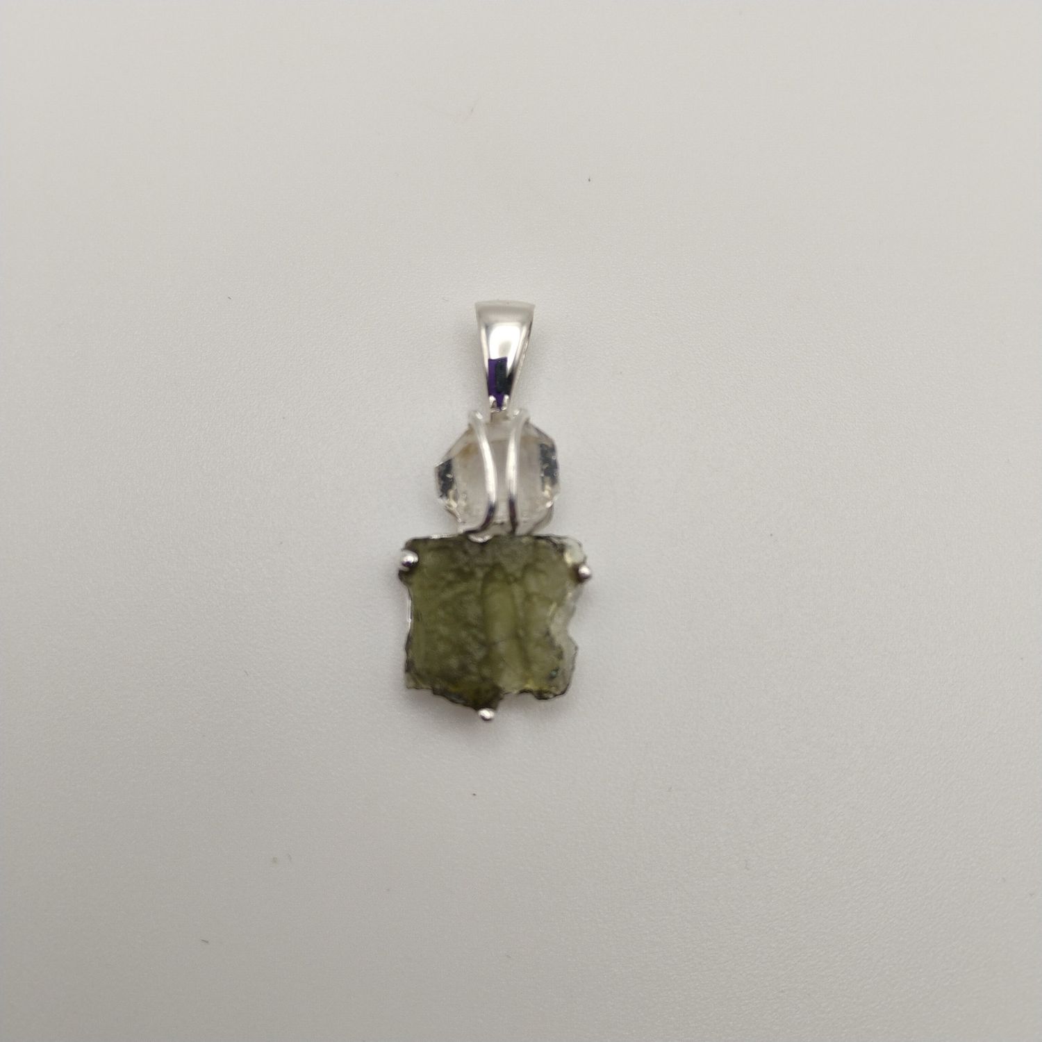 Moldavite With Herkimer Diamond Sterling Silver Pendant