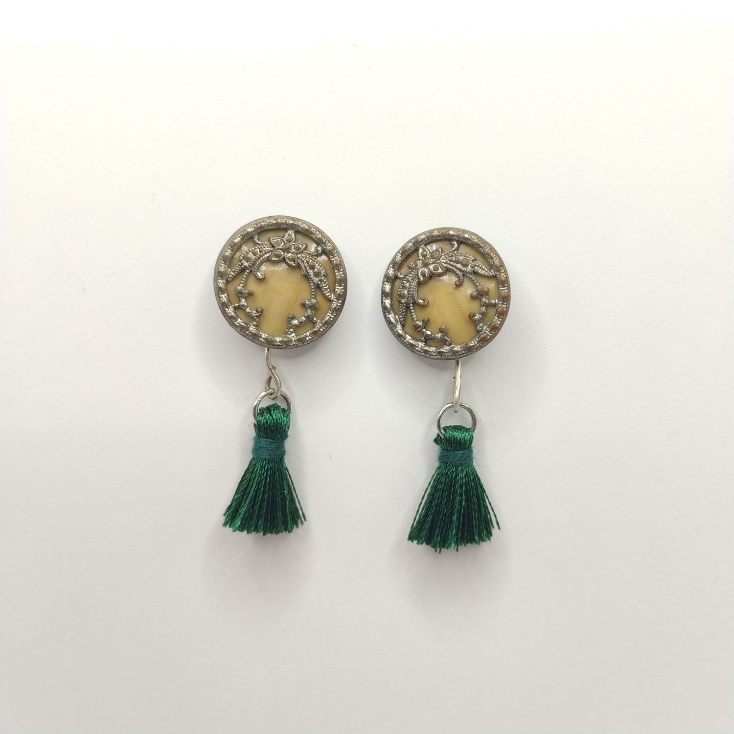 Button Earrings - Antique Green Tassel Dangle