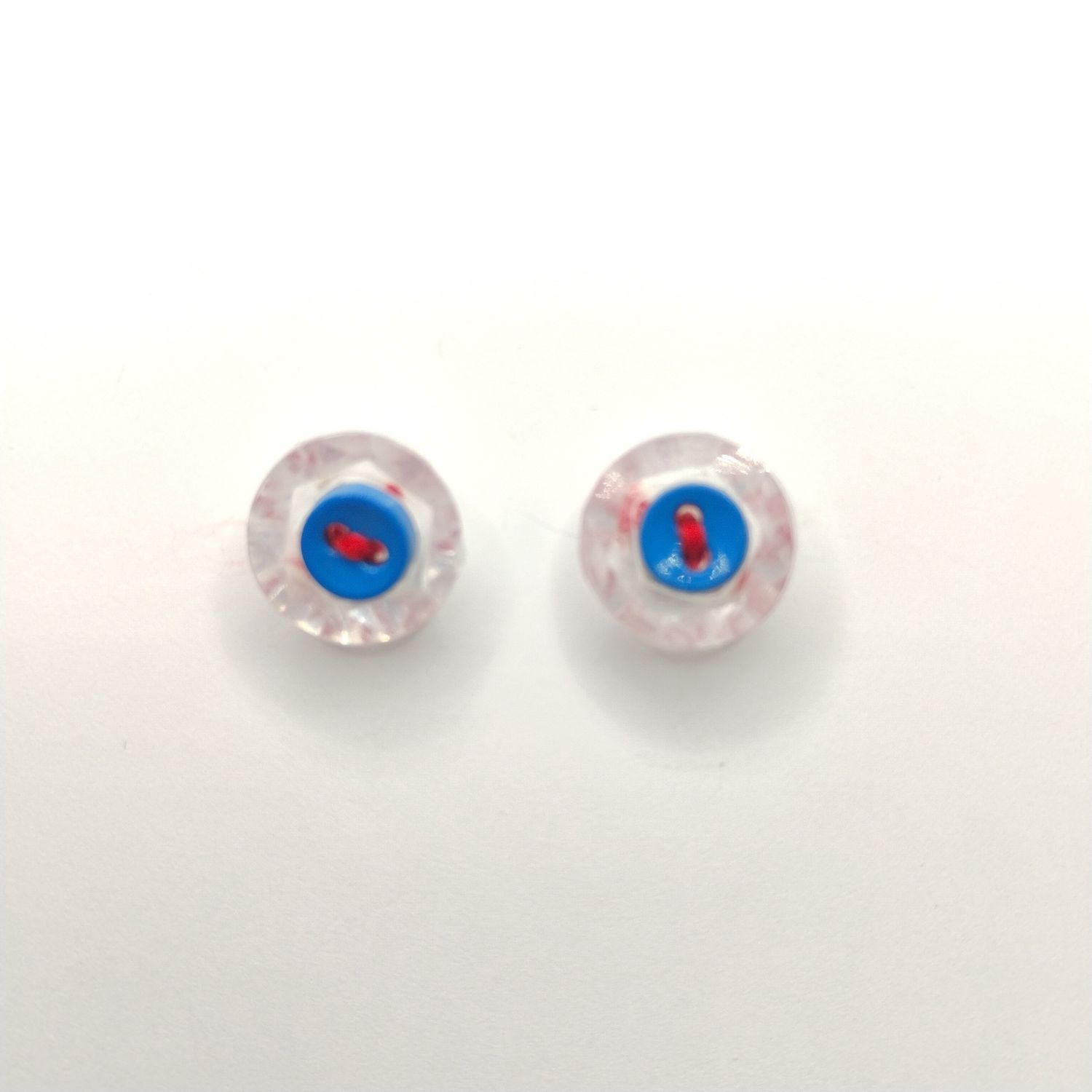 Button Earrings - Blue &amp; White with Red Thread