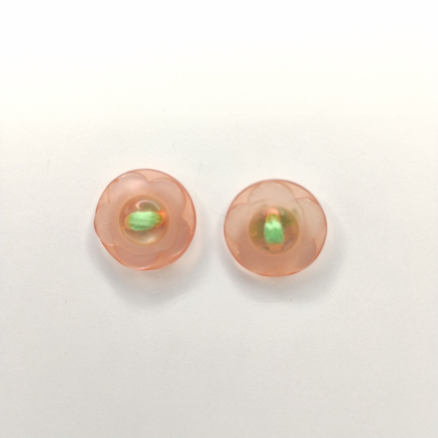 Button Earrings - Peach Flower &amp; Green Thread