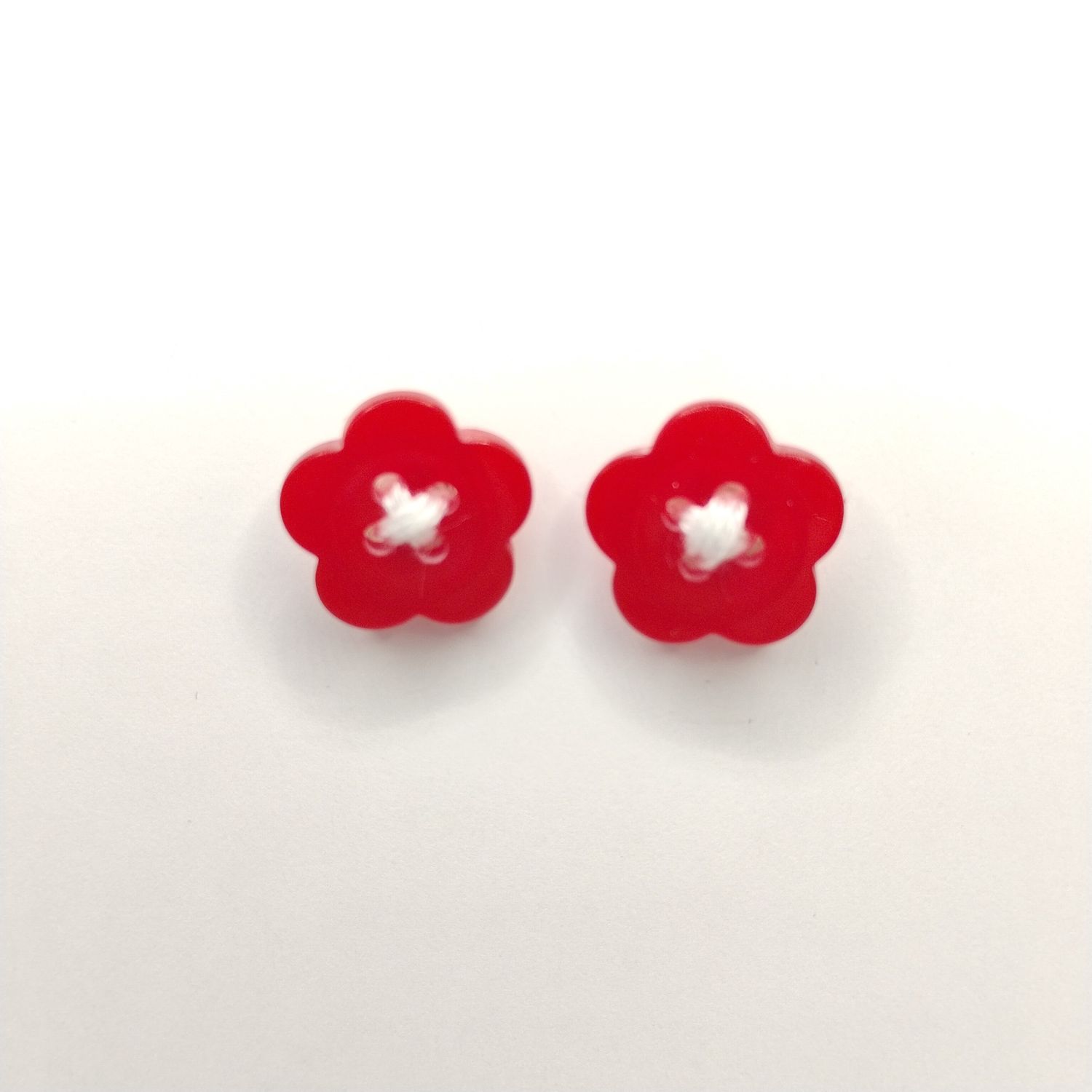 Button Earrings - Red Flower &amp; White Thread