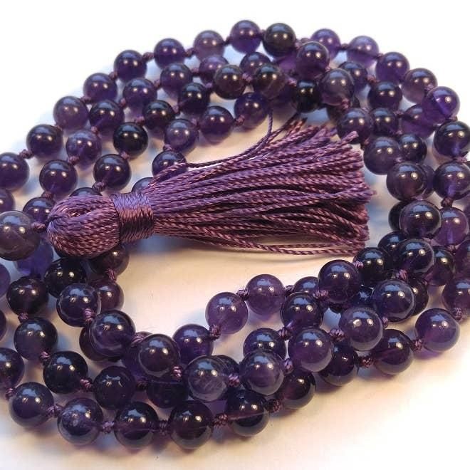 108 Bead Mala - Amethyst (Grade A Un-Dyed, Knotted Cord) - 8mm