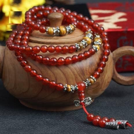 108 Bead Mala - Carnelian With Tiger Eye (Stretchy) - 6mm