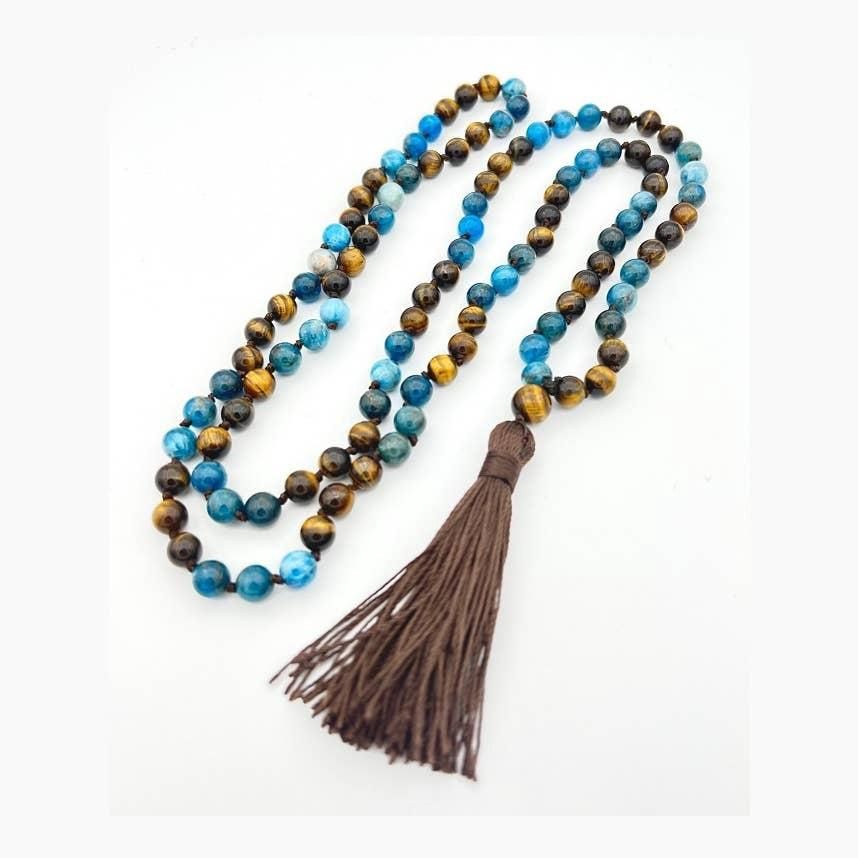108 Bead Mala - Apatite &amp; Tiger Eye (Knotted) - 8mm