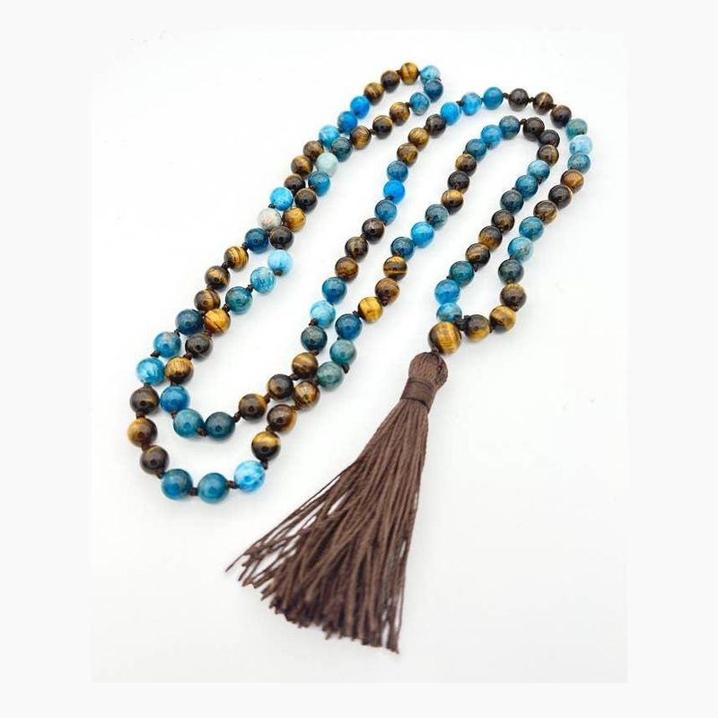 108 Bead Mala - Apatite &amp; Tiger Eye (Knotted) - 8mm