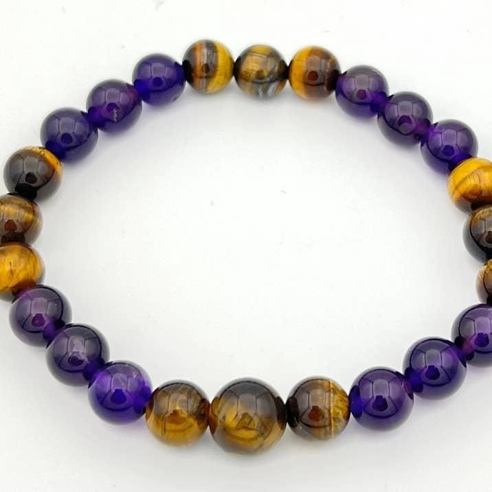 Wrist Mala Beaded Bracelet - Tiger's Eye &amp; Amethyst - 8mm
