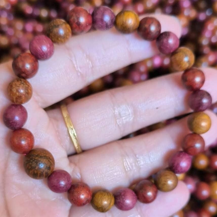 Wrist Mala Beaded Bracelet -Dragon Blood Wood, Purpleheart, &amp; Tiger Aloeswood - 8mm