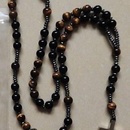 Gemstone Rosary - Tiger's Eye &amp; Black Obsidian - 8mm