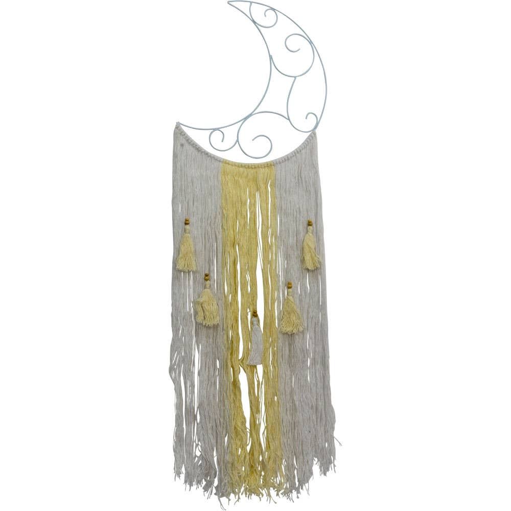 Metal Wall Hanging with Fringe Crescent Moon White