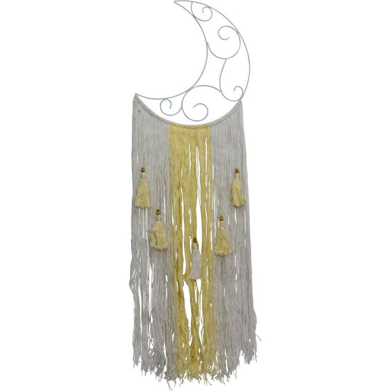 Metal Wall Hanging with Fringe Crescent Moon White