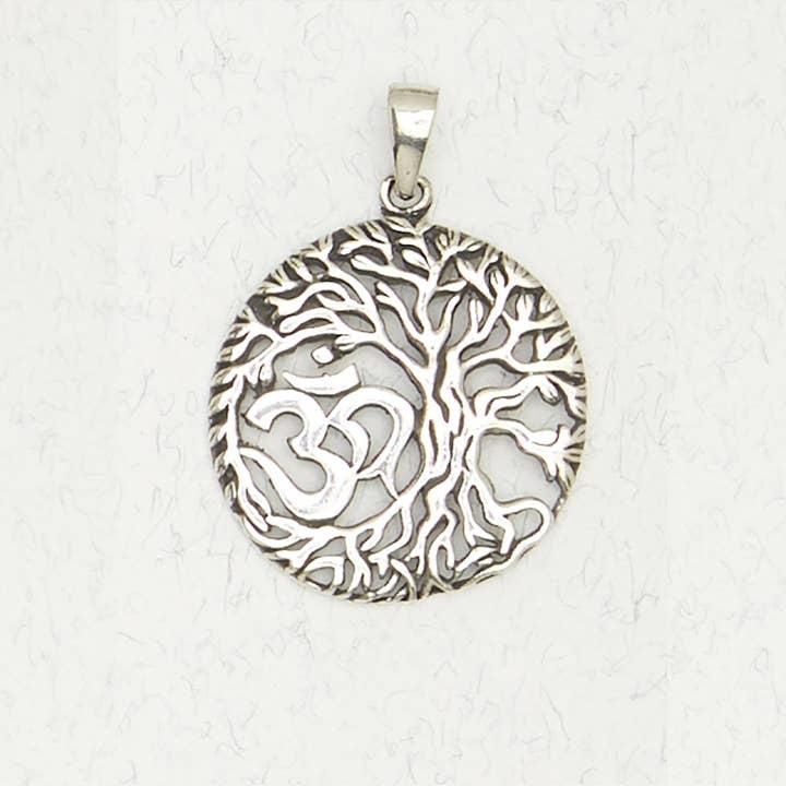 Hindu Pewter Pendant Necklace - Om on Tree of Life - VEDA-109