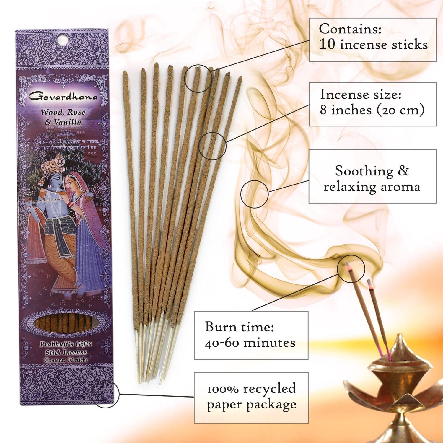 Incense Sticks Govardhana - Wood, Rose &amp; Vanilla