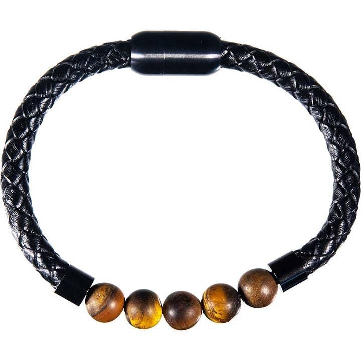 Vegan Leather Braided Bracelet w/ Magnetic Clasp - Tiger Eye