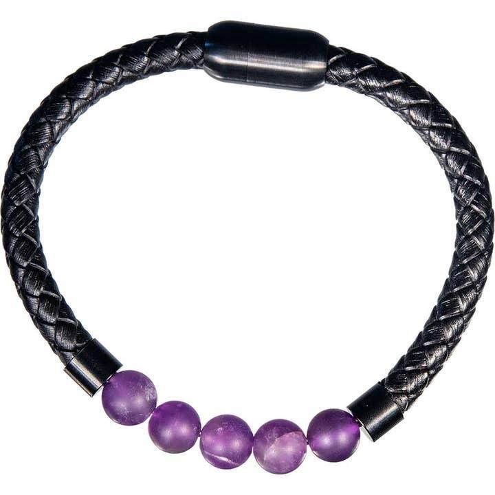 Vegan Leather Braided Bracelet w/ Magnetic Clasp - Amethyst