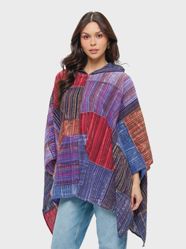 Hooded Poncho Patchwork Brush Washed