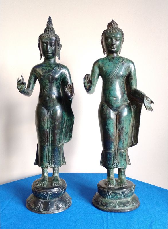 Vintage Thai Style Bronze Buddha Statues (Set of 2)