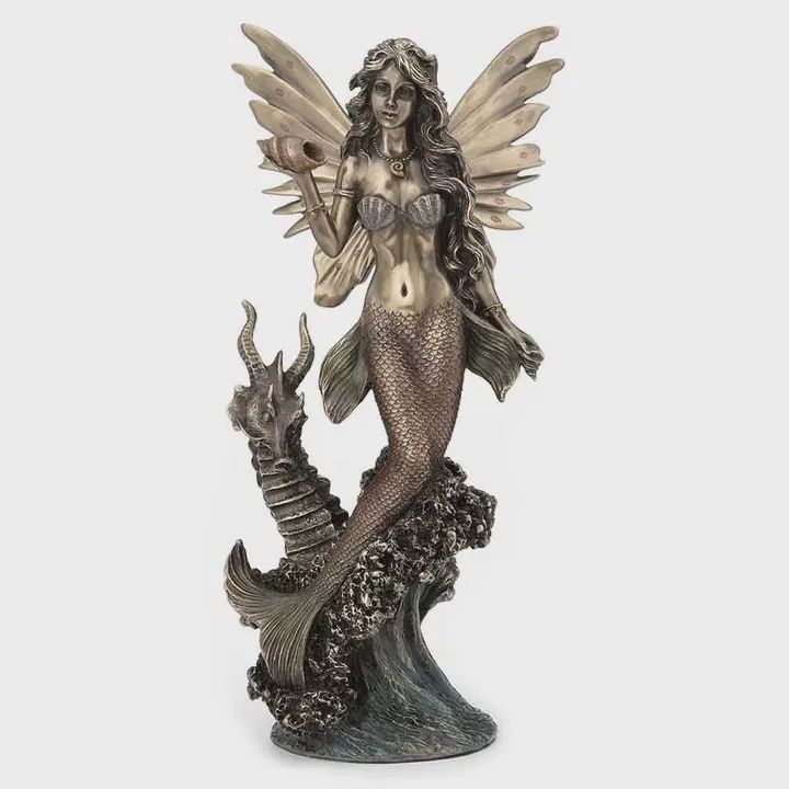 Lionfish Mermaid W/Seahorse Dragon Statue