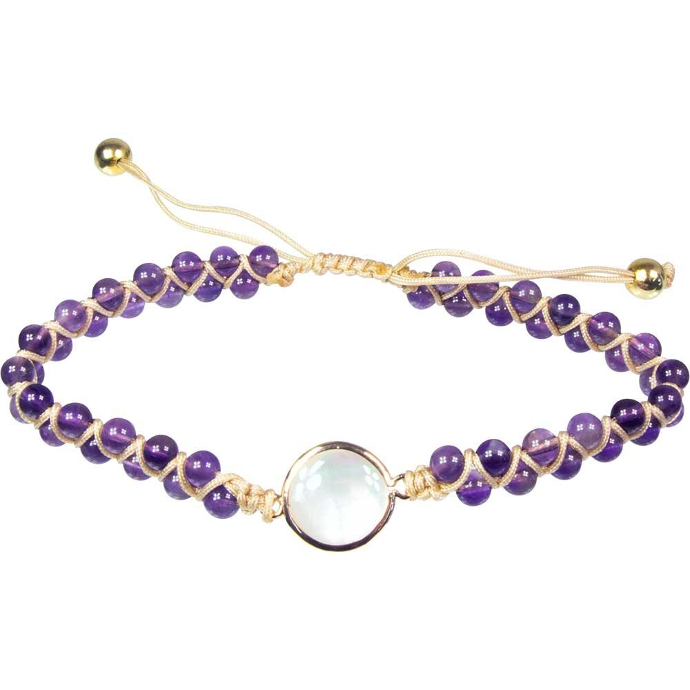 Adj Weave Bracelet 4mm Bead Double Row-Amethyst w/ Moonstone