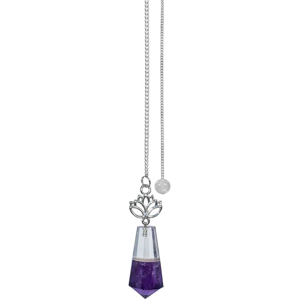 Gemstone Pendulum w/ Lotus - Clear Quartz &amp; Amethyst (Each): Amethyst clear quartz