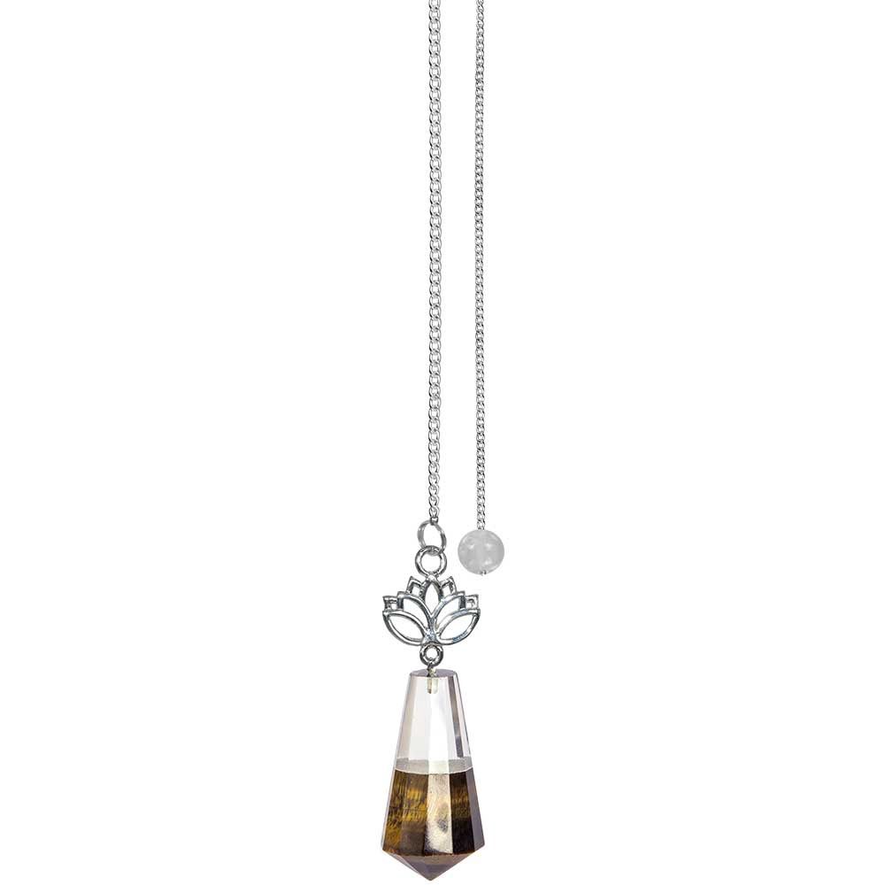 Gemstone Pendulum w/ Lotus - Clear Quartz &amp; Tiger Eye (Each): Clear quartz tiger eye