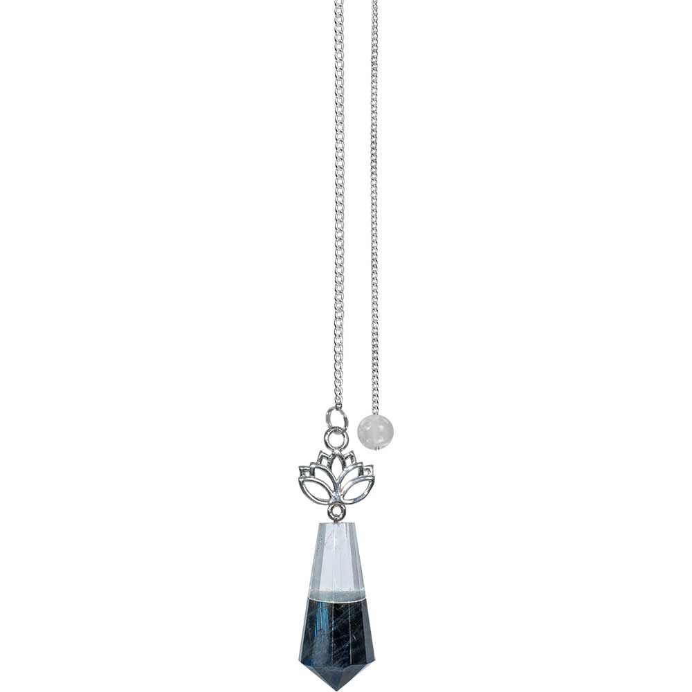 Gemstone Pendulum w/ Lotus - Clear Quartz &amp; Labradorite: Clear quartz labradorite